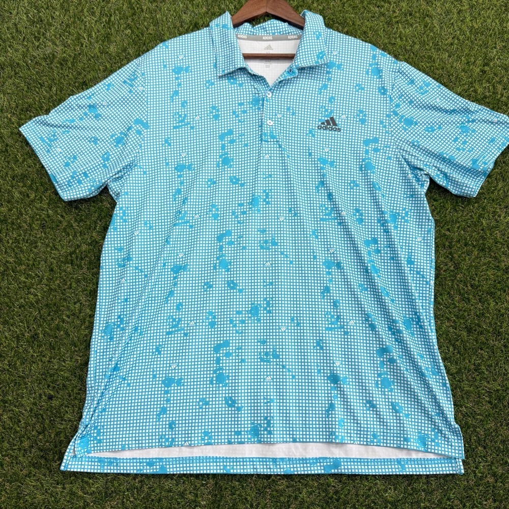 Adidas Golf Mens XL Blue White Grid Performance Polo Shirt Short Sleeve Stretch